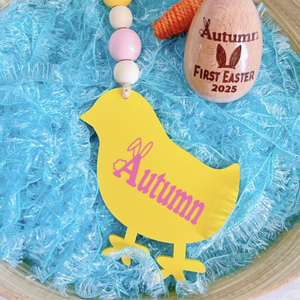 Easter Basket Bunny Wooden Name Tag Beaded, Laser Custom Easter Bunny gift tag, Personalized kid Easter Egghunt basket tag Peep Basket
