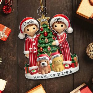 Christmas Pyjamas Couple With Dogs Cats - Personalized Acrylic Ornament - Christmas Gift For Cat Lovers, Dog Lovers