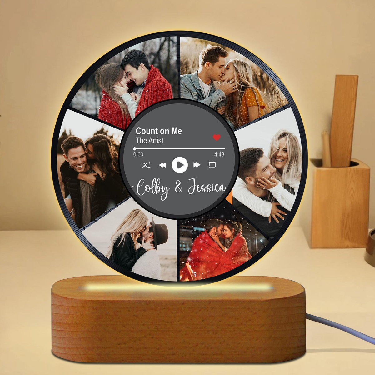 Personalized Couple Photos Record Night Light, Photo Collage LED Lamp for Boyfriend Girlfriend, Anniversary Gifts, Wedding Gift, Music Cover