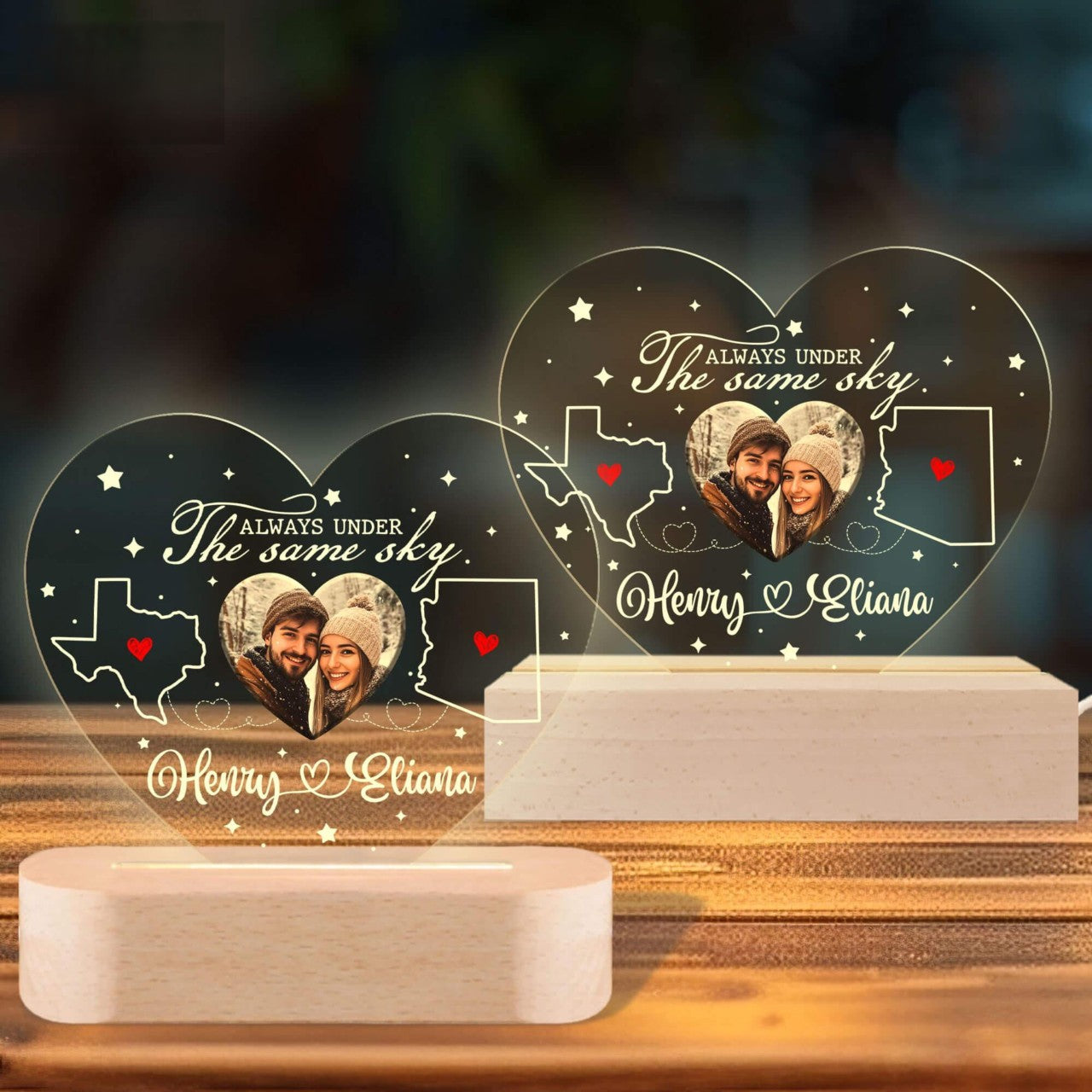Always Under The Same Sky Custom Couple Photo - Personalized 3D LED Light Wooden Base - Long Distance Gift For Couple, Valentines Day Gift, Anniversary Gift, Engagement Gift