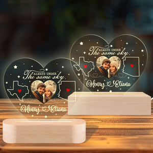Always Under The Same Sky Custom Couple Photo - Personalized 3D LED Light Wooden Base - Long Distance Gift For Couple, Valentines Day Gift, Anniversary Gift, Engagement Gift