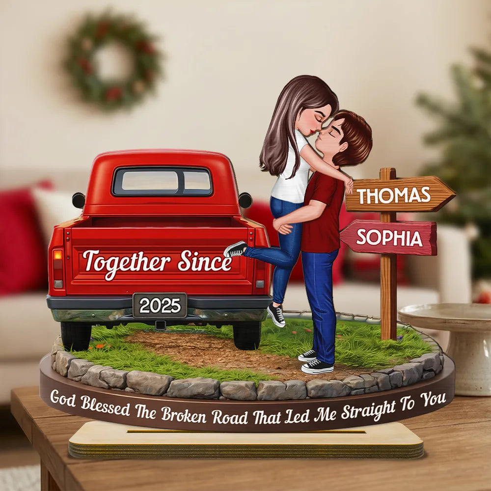 God Blessed The Broken Road - Personalized Wooden Plaque - Valentine's Day Gift for Couple, Anniversary Gift