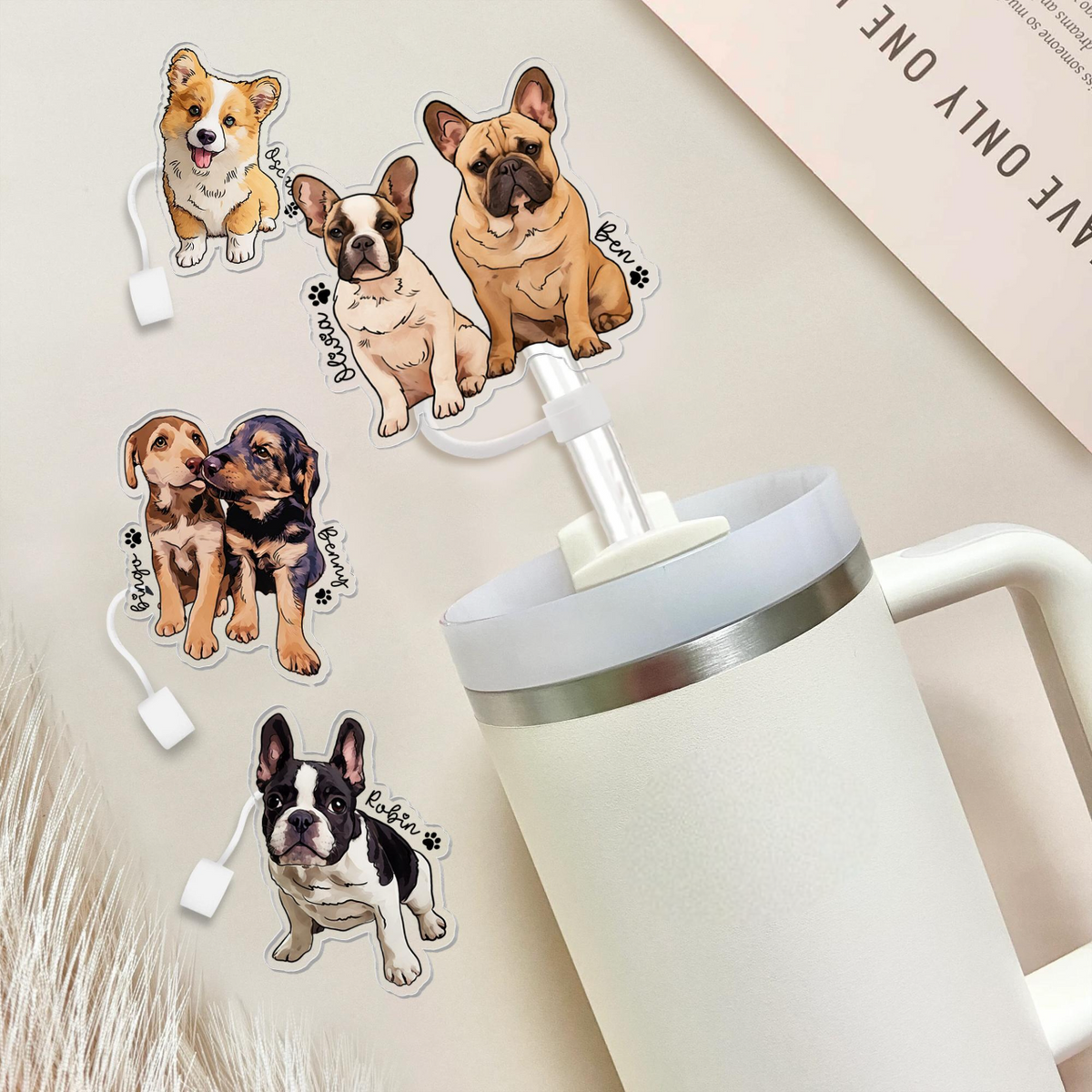 Personalized Pet Lovers Gift, Custom Dog Cat Portrait Straw Topper, Dog Cat Photo Straw Cover, Gift For Dog Mom Cat Mom