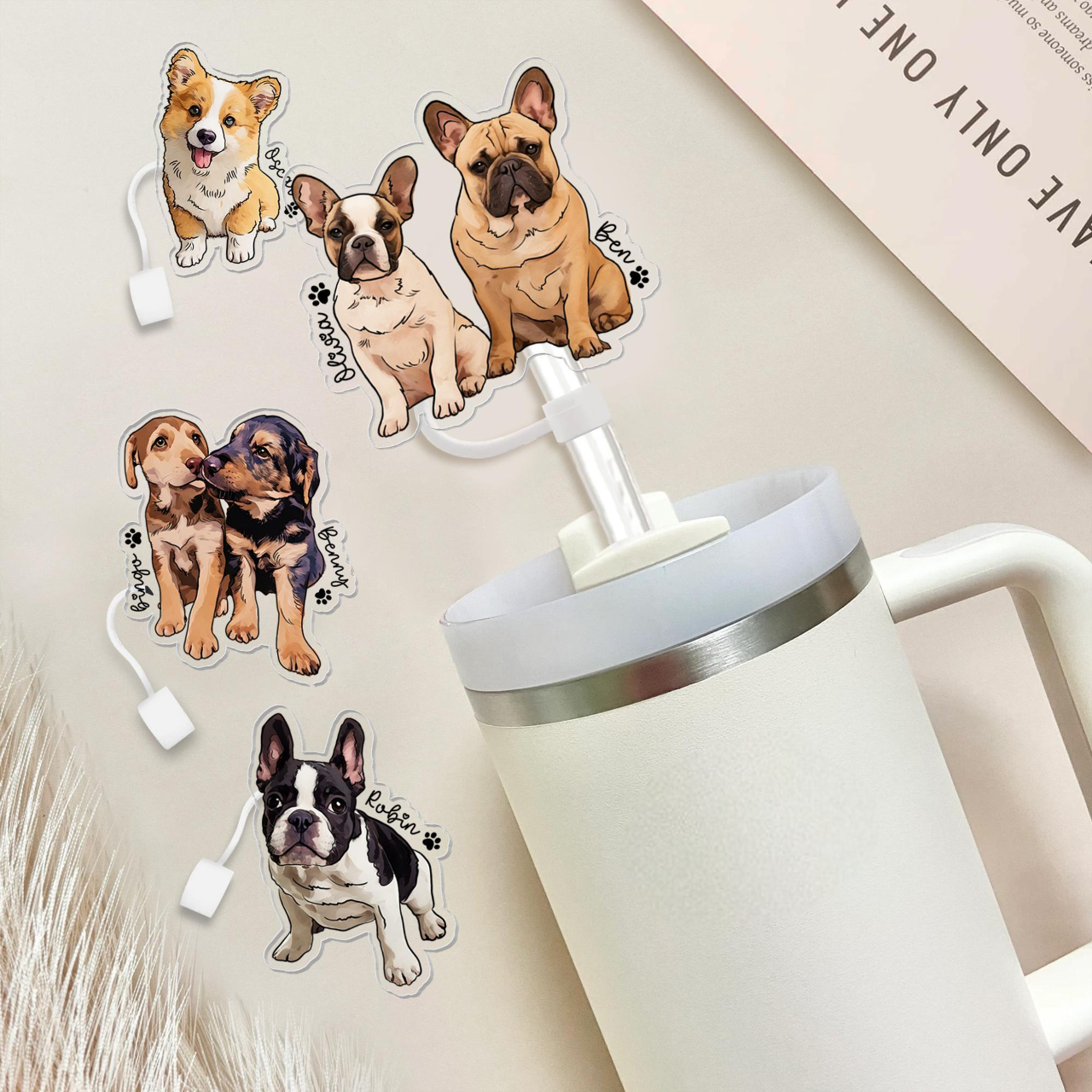 Personalized Pet Lovers Gift, Custom Dog Cat Portrait Straw Topper, Dog Cat Photo Straw Cover, Gift For Dog Mom Cat Mom