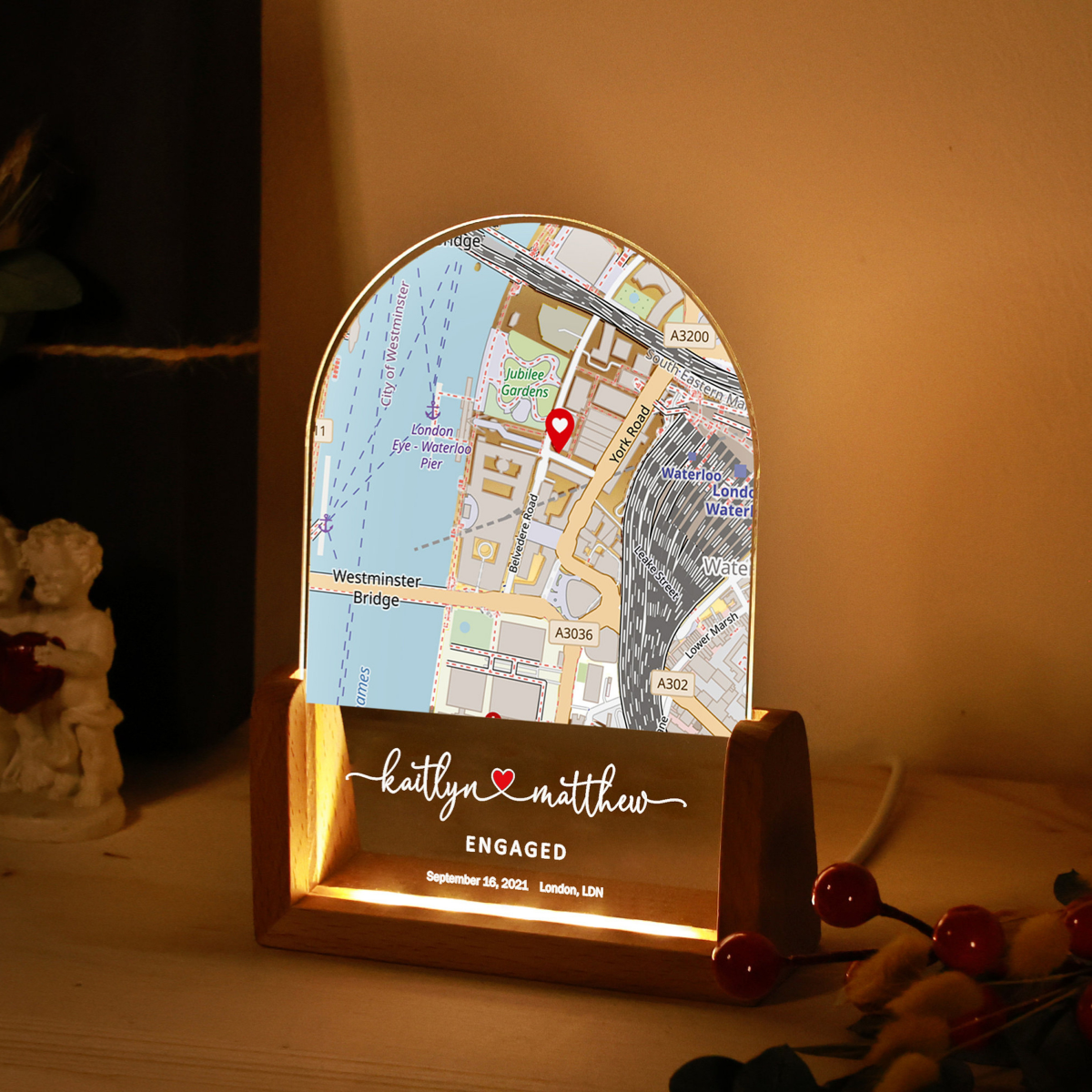 Custom Map Print - Personalized Desk Name Plate Night Light - Gift for Couple