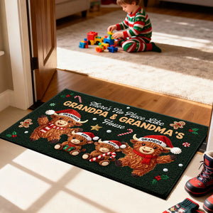 3D Faux Crochet Effect Christmas Grandma Grandkids Highland Cow Together - Personalized Doormat - Christmas Gift For Grandpa & Grandpa