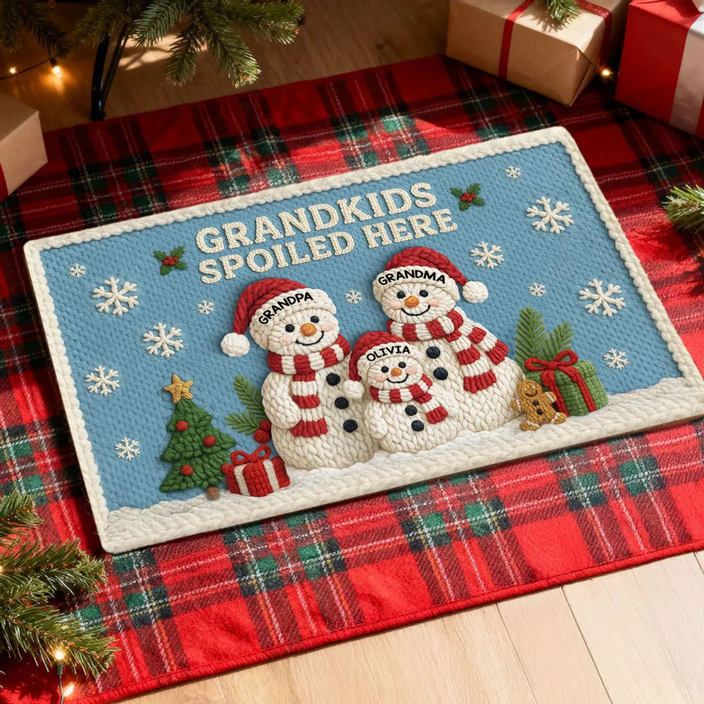 Snowman Family Crochet Faux Yarn Texture - Personalized Doormat - Christmas Decoration