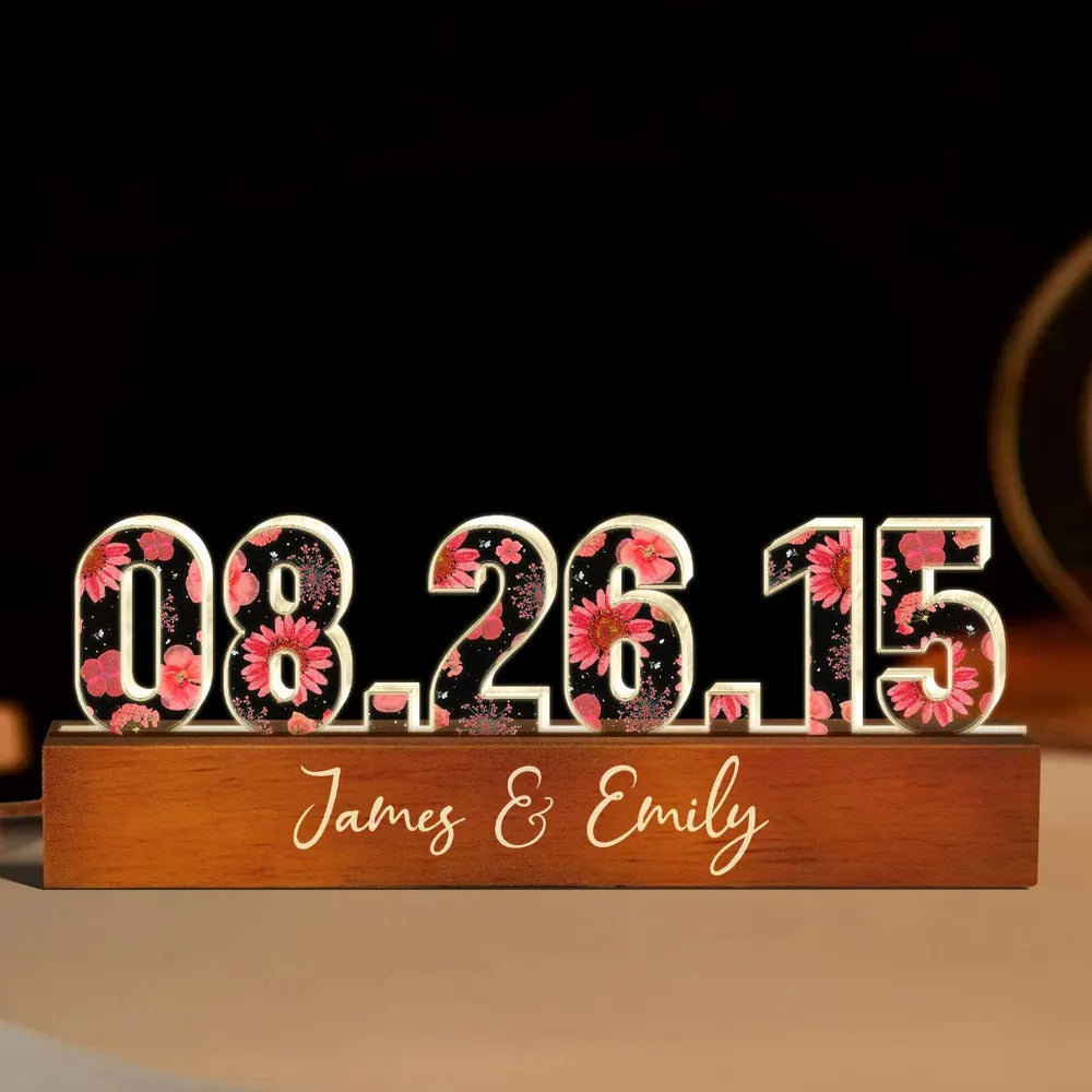 Couple Engagement Anniversary Date Flowers Personalized Custom LED Night Light, Gift for her, Gift for him