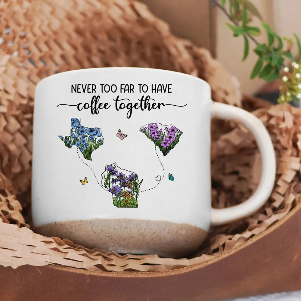 Wish We Lived Closer Wildflower State Map - Personalized Pottery Mug - Gift For Family, Bestie, Long Distance Relationship