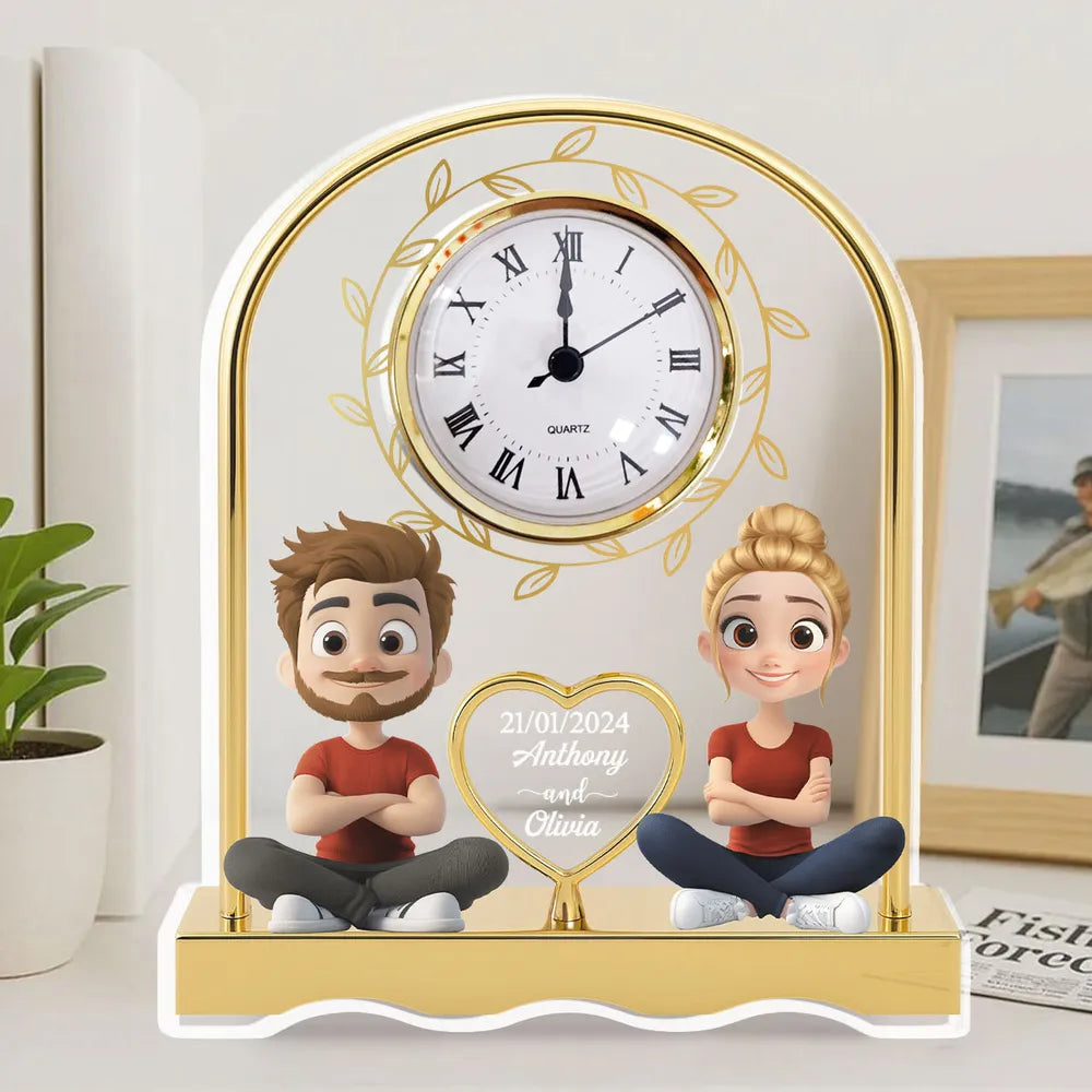 Doll Couple Forever Together - Personalized Acrylic Desk Clock - Gift For Couple, Anniversary Gift