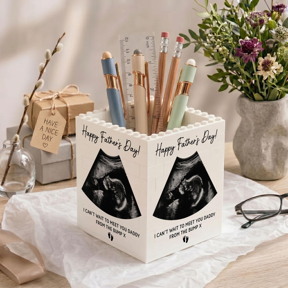 Dad To Be Gift From The Bump, Father's Day Building Block Pen Holder, First Fathers Day Gift For New Dad, Ultrasound Keepsake, New Baby Gift