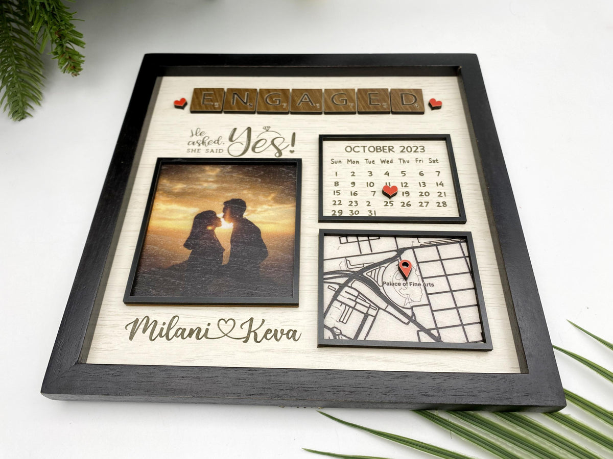 Where She Say Yes Custom Photo Calendar & Location - Personalized Wooden Frame - Gift For Couple