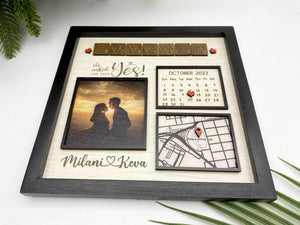 Where She Say Yes Custom Photo Calendar & Location - Personalized Wooden Frame - Gift For Couple