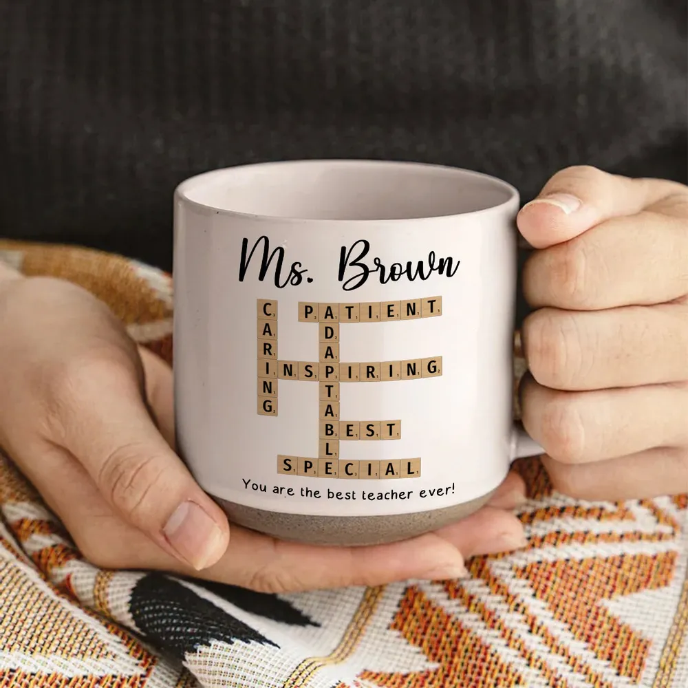 Best Teacher Ever Crossword Art - Personalized Pottery Mug - Gift For Teacher
