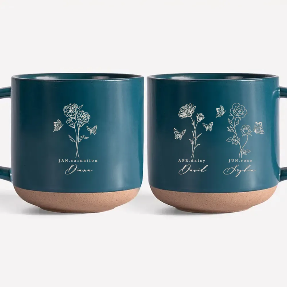 Custom Family Birth Flowers - Personalized Engraved Pottery Mug - Birthday Gift For Grandma, Mom, Daughter, Mother's Day Gift