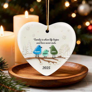 Family Birds Sea Glass Pattern - Personalized Ceramic Ornament With Acrylic - Heartwarming Festive Christmas Gift, Decor