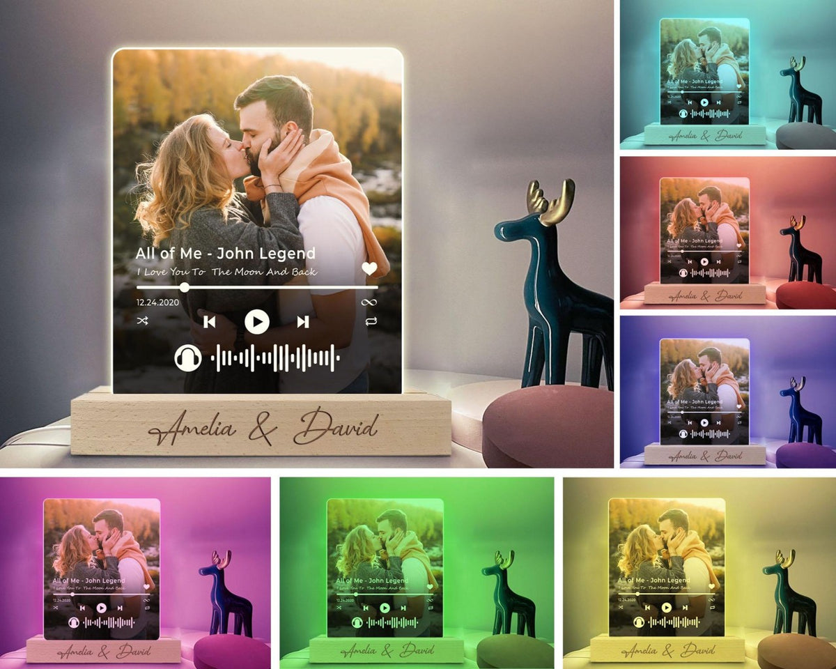 Custom Your Favorite Song Upload Full Photo - Personalized 3D LED Light Wooden Base - Gift For Couple