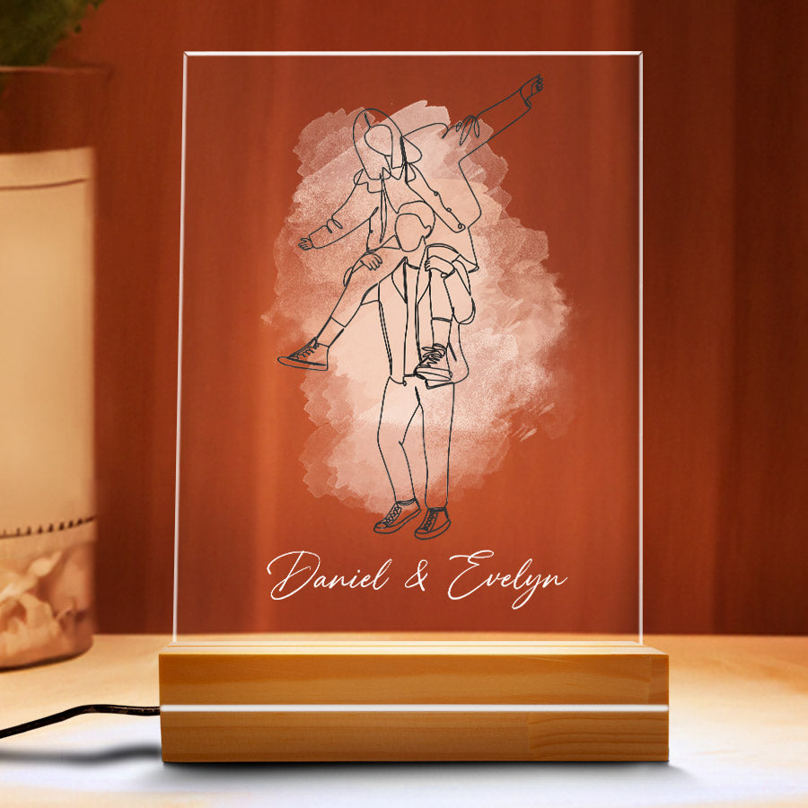 Couple Outline Portrait - Personalized 3D LED Light Wooden Base - Gift For Couple