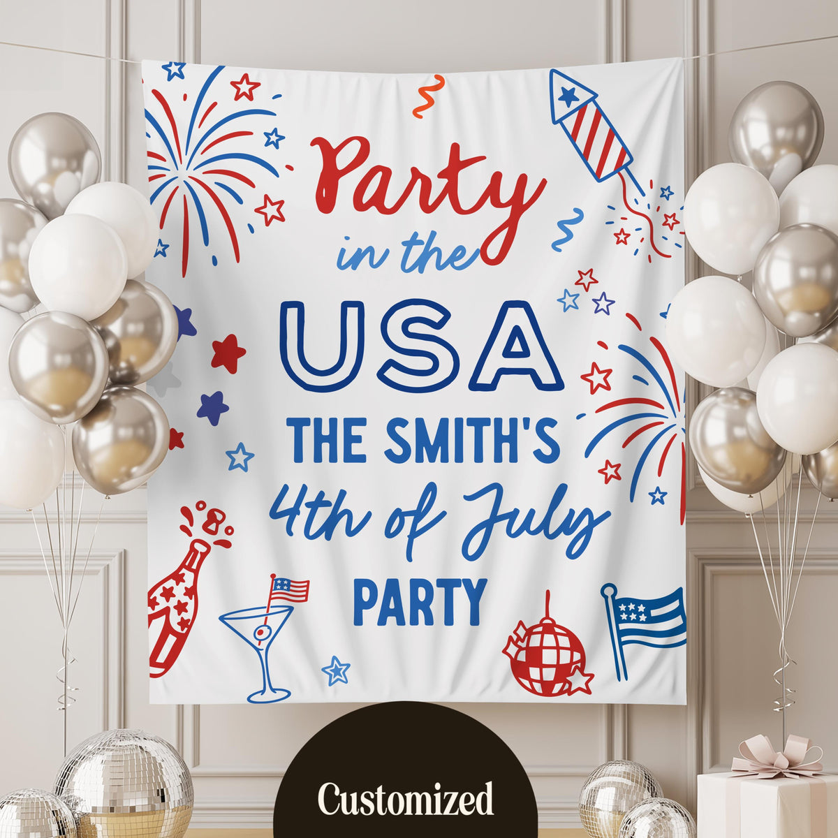 Personalized 4th of July Party Banner, Family BBQ Sign, America 250th Anniversary Photo Backdrop Tapestry, USA Celebration Decor