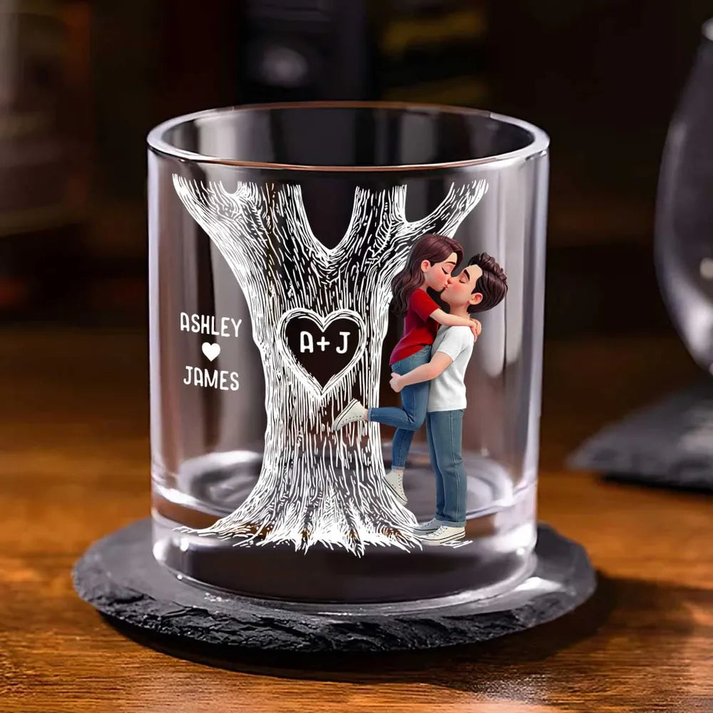 Tree Of Love Kissing Couple - Personalized Whiskey Glass - Anniversary Gift, Valentine's Day Gift For Couple