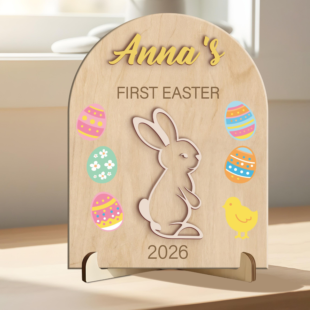 Baby's First Easter Wood Sign, Custom Name & Color Easter Decor, Arched Wooden Plaque with Stand, Kids Keepsake Gift, Easter's Day Baby