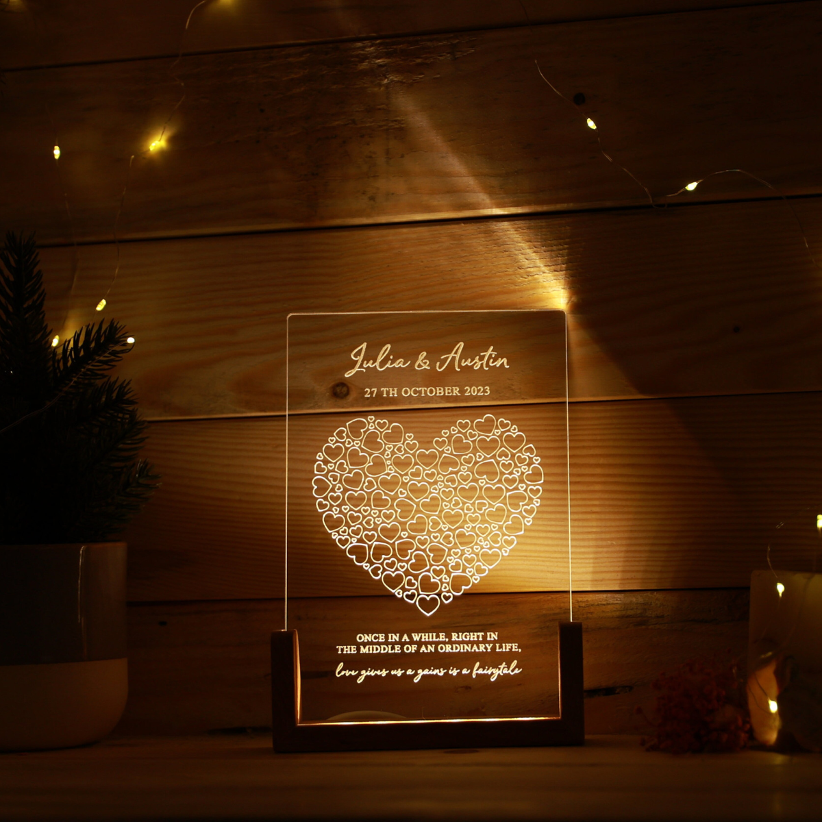 Custom Name & Quote Night Light - Personalized Desk Name Plate - Heart Light with Names and Quote - Unique Gift for Couples