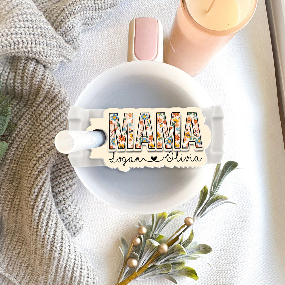 Personalized Mama With Kids Name Tumbler Name Tag, Tumbler Lid Mama Plate Topper, Mom Tumbler Lid Tag, Gift For Mom