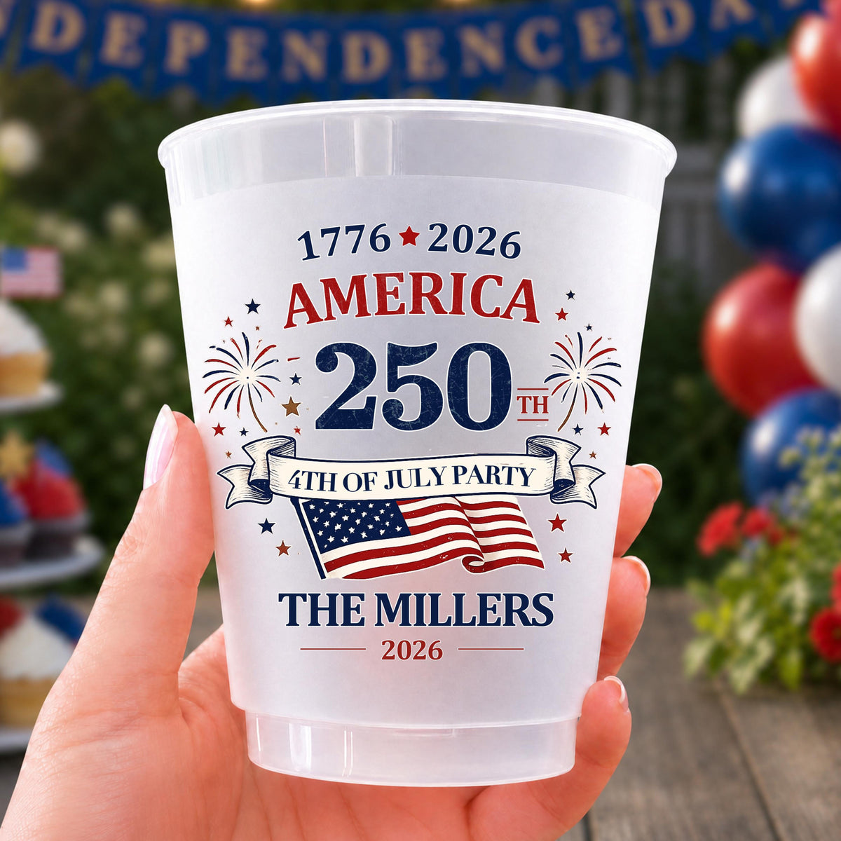 Custom Frosted Cups for Independence Day, 4th of July Party Cups, America 250 Patriotic Family Reunion BBQ Picnic Favors