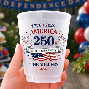 Custom Frosted Cups for Independence Day, 4th of July Party Cups, America 250 Patriotic Family Reunion BBQ Picnic Favors