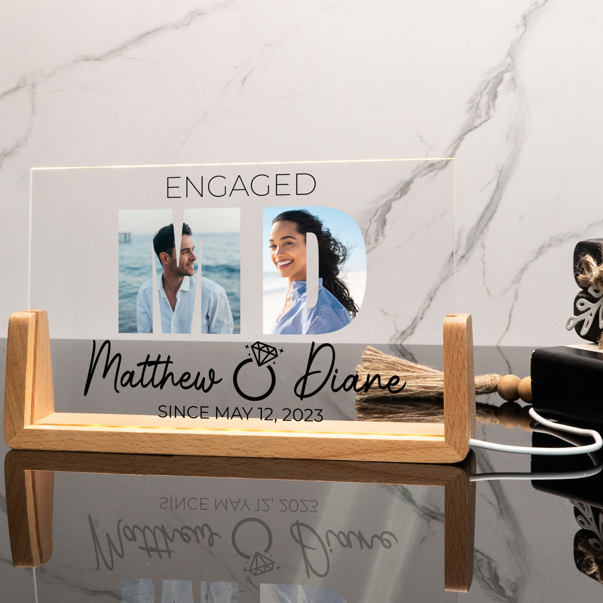 Custom Couple Engagement Picture Gift, Personalized Gifts for Couple, Couple Photo Acrylic Sign, Led Light Stand, Initial Picture Sign