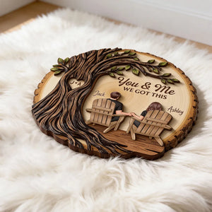 Couple Sitting Under Heart Carved Tree - Personalized Wooden Plaque - Valentine's Day Gift For Couple