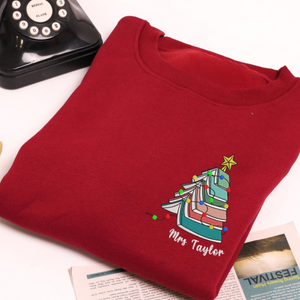 Personalized Teacher Name Christmas Book Tree Embroidered Sweatshirt, Merry Teacher Xmas Sweater, Woman Holiday Shirt for Librarian Gift