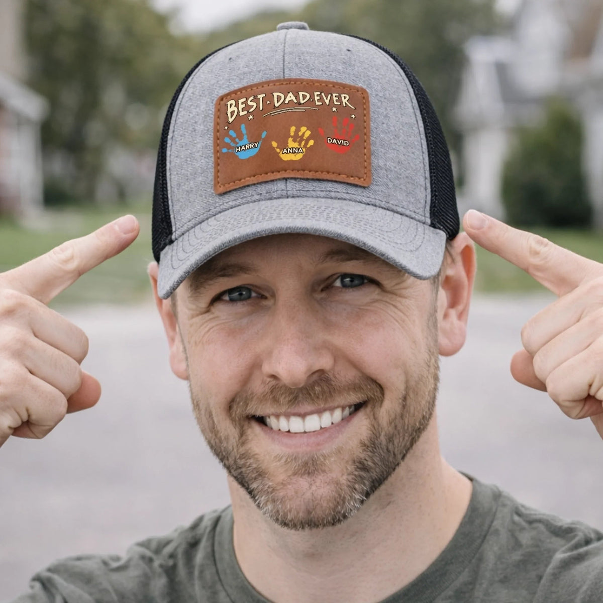 Best Dad Ever Hand Prints - Personalized Leather Label Net Hat - Gift For Father, Grandpa, Father's Day Gift