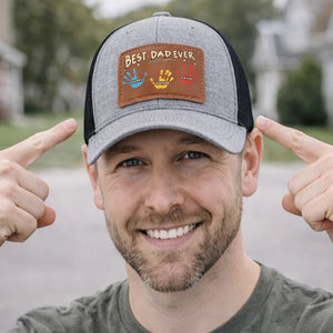 Best Dad Ever Hand Prints - Personalized Leather Label Net Hat - Gift For Father, Grandpa, Father's Day Gift