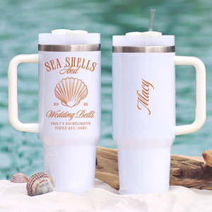 Seashells And Wedding Bells 40oz Tumbler, Custom Bachelorette Gift Beach, 40oz Insulated Cup Bridesmaid Proposal Gift Tumbler With Handle Bach