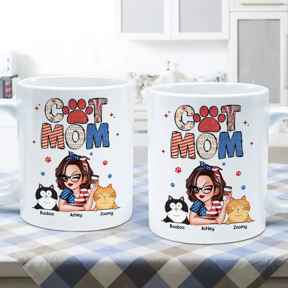 Cat Mom 4th Of July Pattern - Personalized Mug - Independence Day Gift For Cat Mom