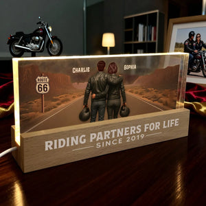 Back View Biker Couple Riding Partners For Life - Personalized 3D LED Night Light - Heartfelt Valentine's Day Gift, Anniversary Gift For Biker Couple