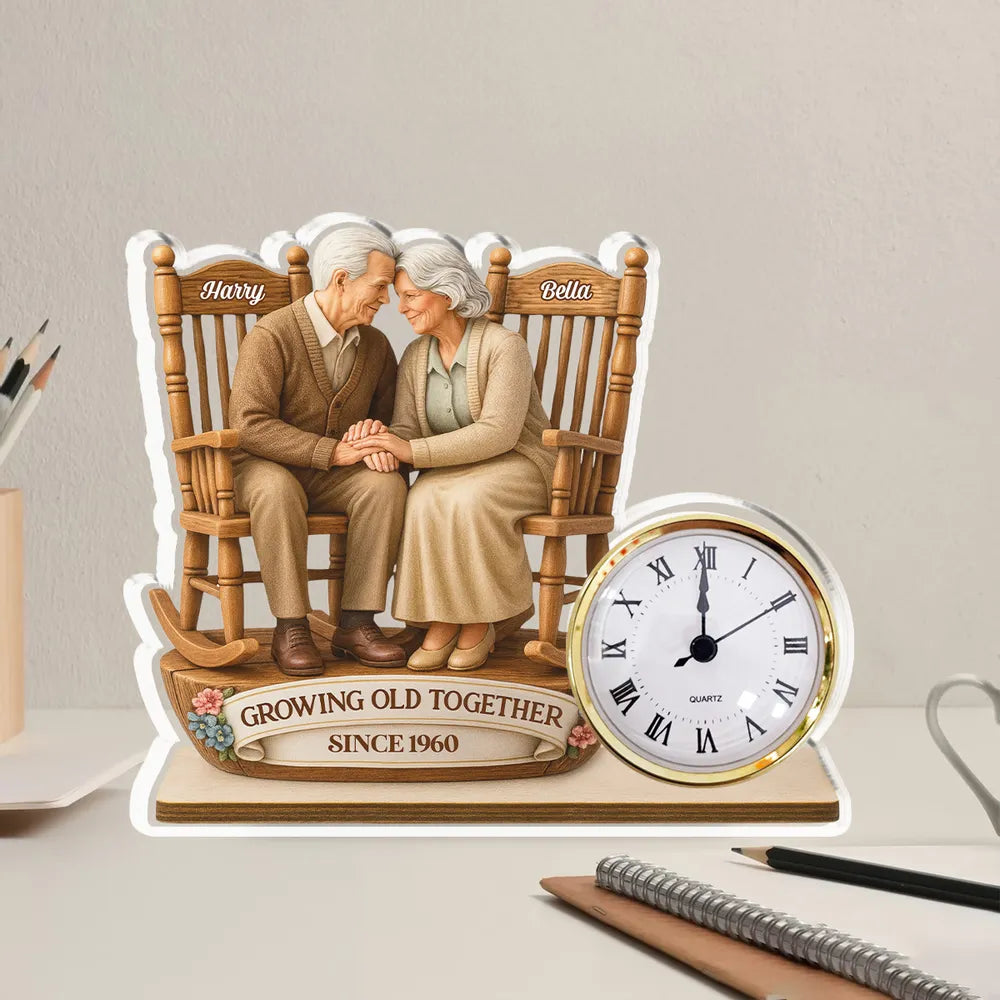 Growing Old Together Old Couple - Personalized Acrylic Desk Clock - Anniversary Gift For Couple