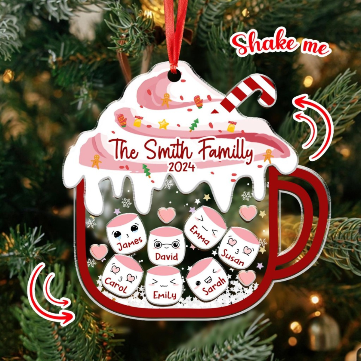 Personalized Family Names 4D Shaker Ornament, Family Hot Cocoa Ornament, Marshmallow Ornament, Custom Name Ornament, 2024 Holiday Gifts