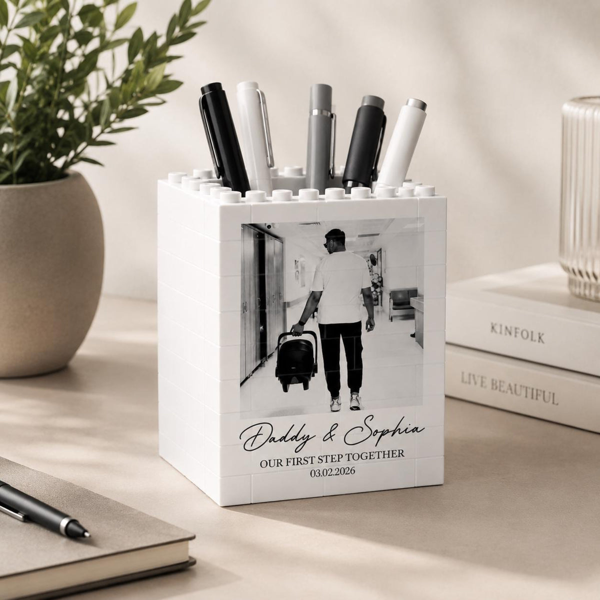 Custom Photo Father's Day Brick Pencil Pot, First Journey Together, Dad Gift from Baby, Gift for Husband, Gamer Dad Gift, Father Daughter