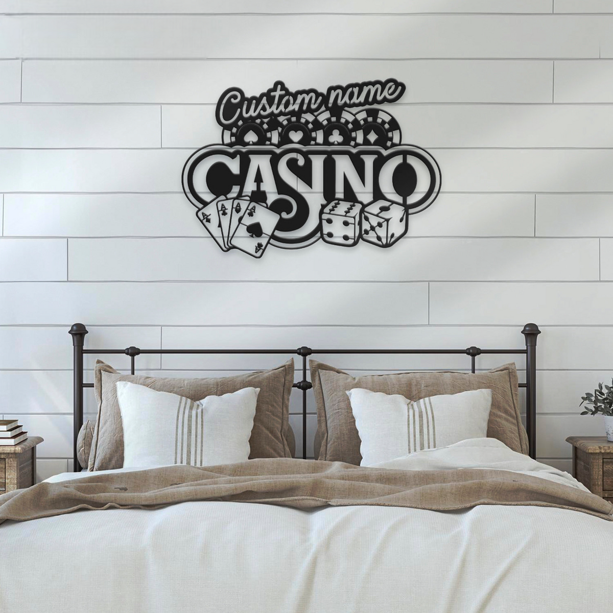 Custom Casino Playing Cards Chips Gambling Dice Poker Metal Wall Art LED Light, Personalized Gamer Name Sign Home Decor, Game Zone Decoration
