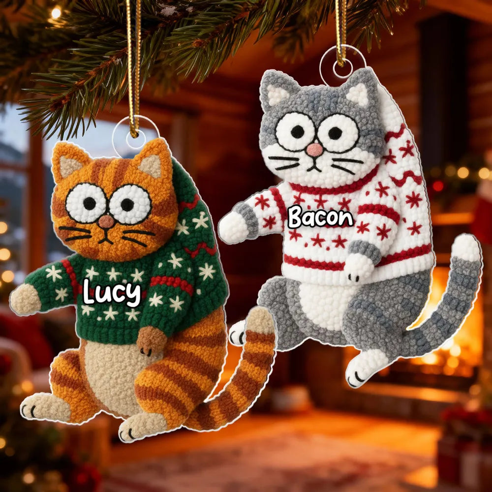 3D Effext Faux Crochet Funny Cat Hanging - Personalized Acrylic Ornament - Christmas Gift for Cat Lovers