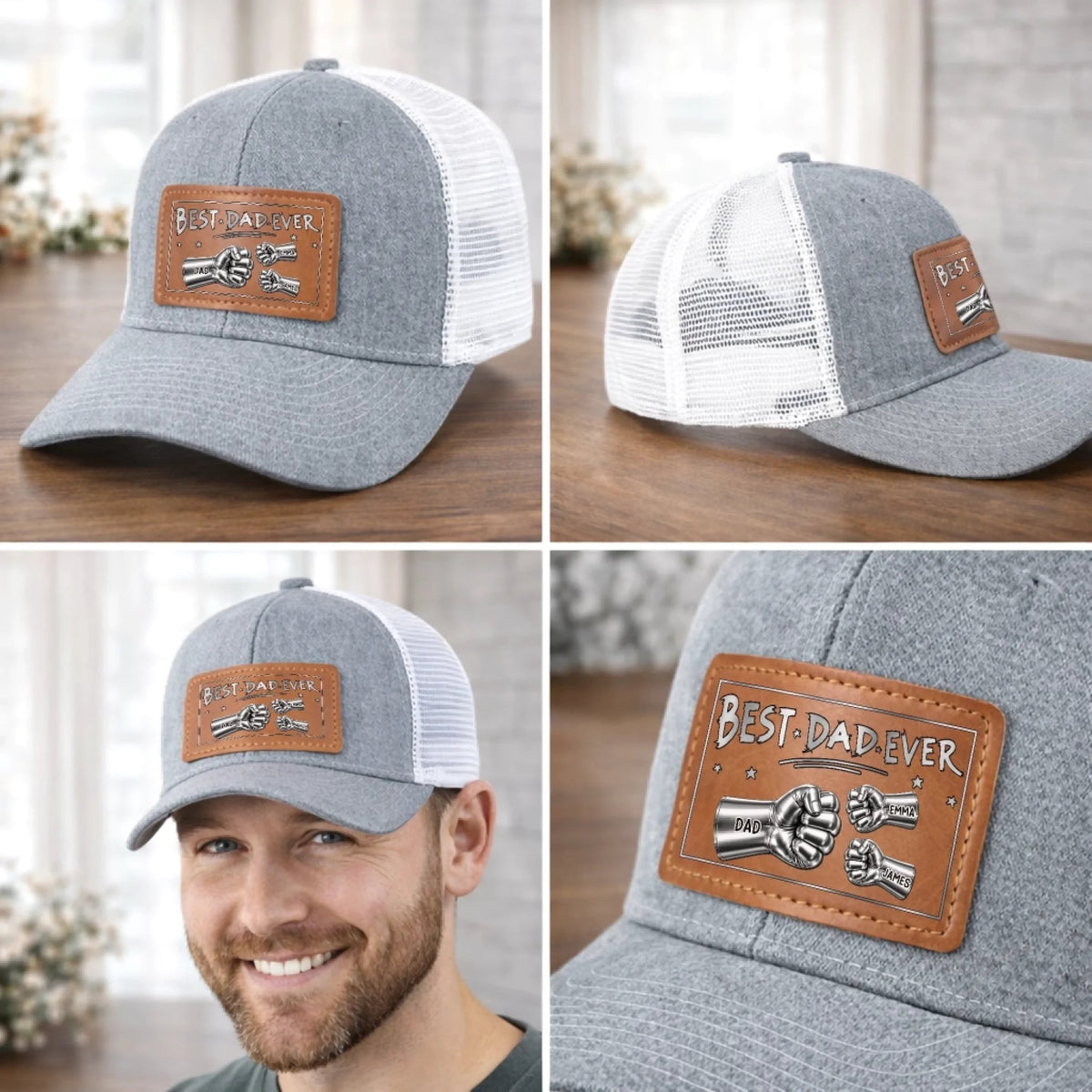 Best Dad Ever Steel Fist Bumps - Personalized Leather Label Net hat - Gift For Dad Papa, Father's Day Gift