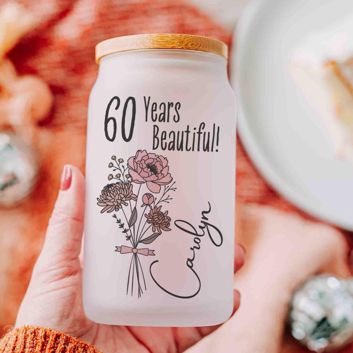 60th Birthday Glass Turning 60 Gift With Birthflower Glass Tumbler 60 Year Old Gift Iced Coffee Cup Sixtieth Birthday Glass Can With Flower