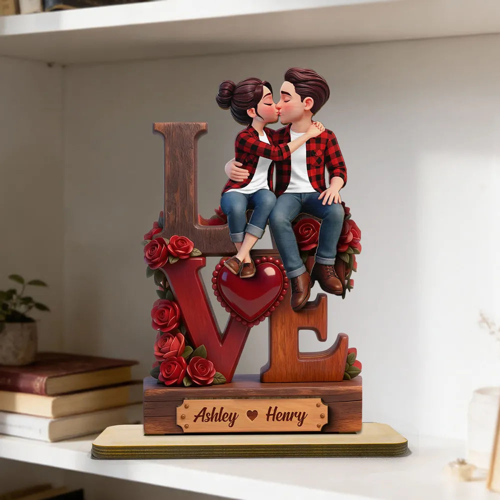 Roses Stacked LOVE Couple Sitting Kissing - Personalized Wooden Plaque With Flat Base - Valentine's Day Gift For Couple