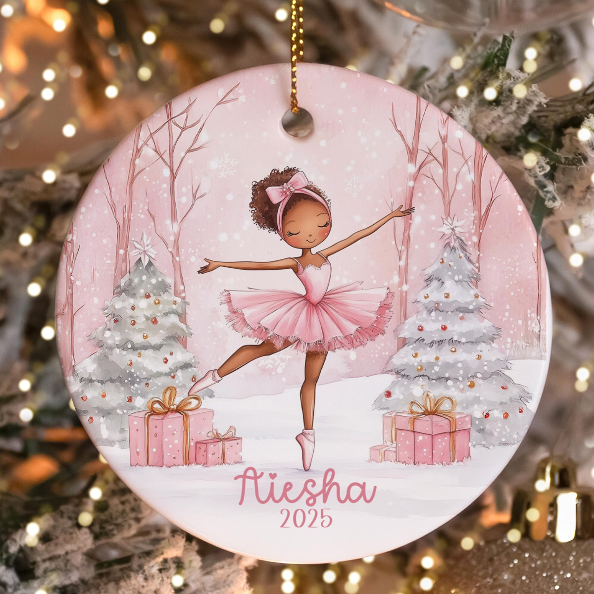Personalized Pink Ballerina Ornament, Girls Pink Dancer Christmas Gift Ornaments with Name, African American Ballerina, Ornaments for Girls
