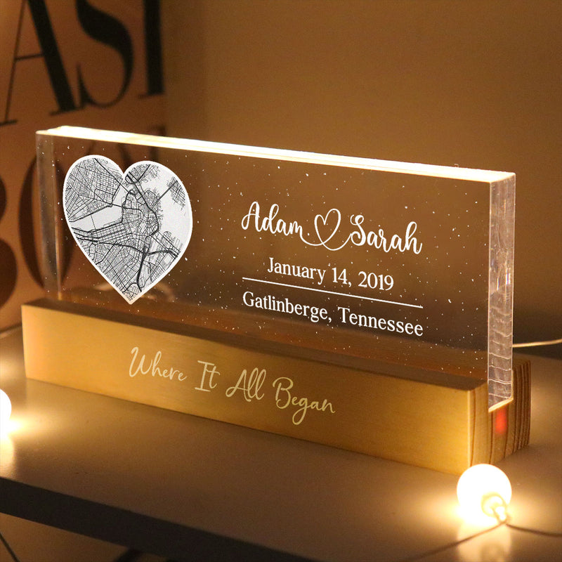 Where It All Began Couple Location, Personalized LED Light Wooden Base, Engagement Gift, Anniversary Gift, Heartfelt Keepsake For Couples