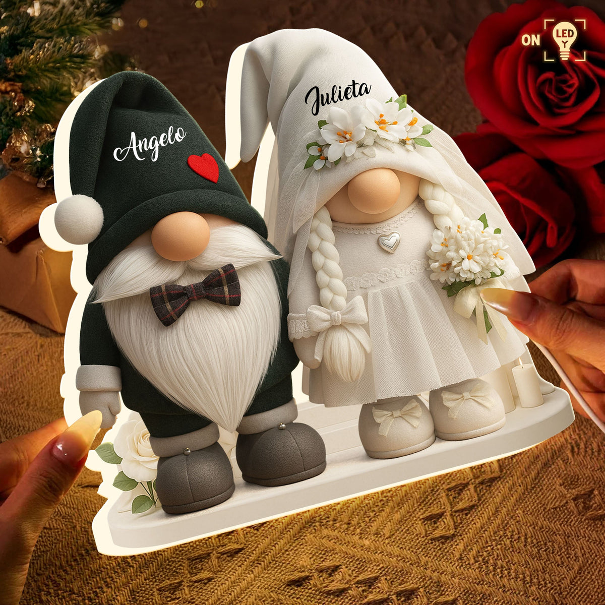 Groom And Bride Gnome With Hearts And Flowers - Personalized Acrylic LED Light Box - Valentine's Day Gift For Couples