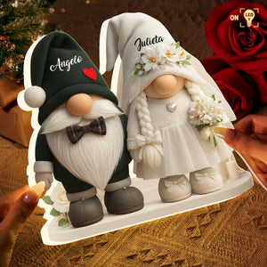Groom And Bride Gnome With Hearts And Flowers - Personalized Acrylic LED Light Box - Valentine's Day Gift For Couples