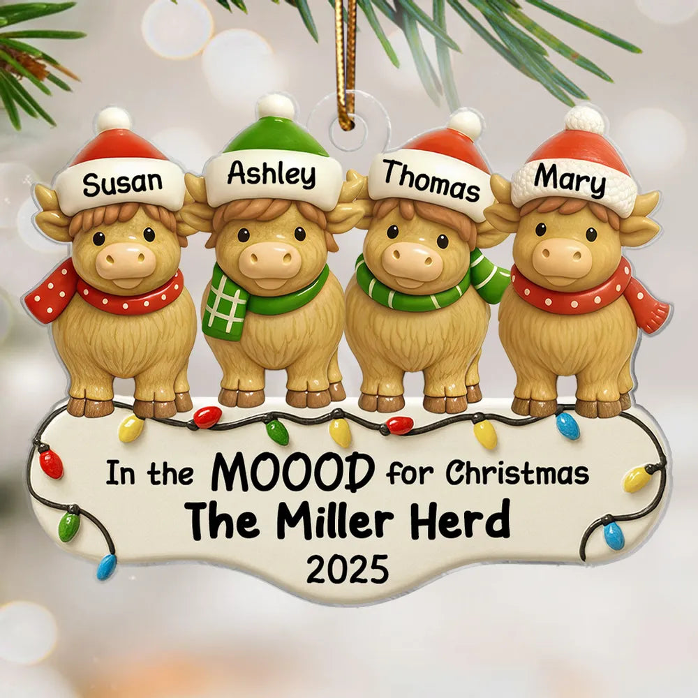 3D Effect Family Herd In The Mood For Christmas - Personalized Acrylic Ornament - Christmas Gift For Family